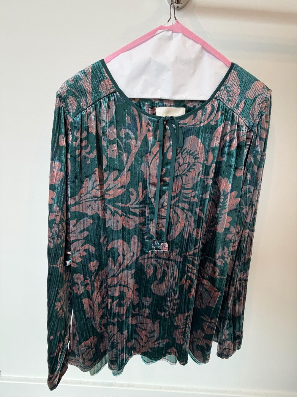 Anthropologie Teal Floral Velvet Tie-Neck Blouse with Dusty Rose Print